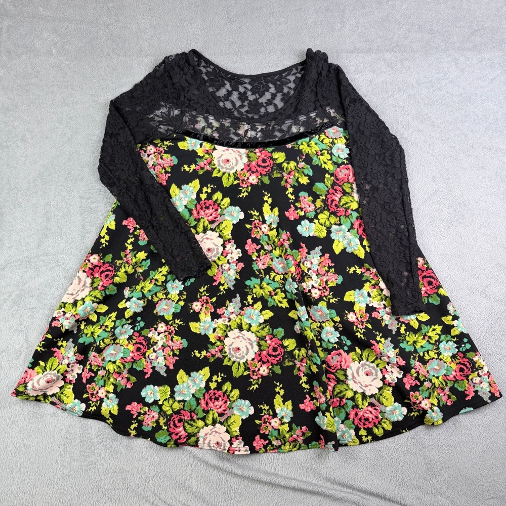 Uncle Frank Floral Lace Sleeve Mini Dress Black Pink Rose Print 73361 XS